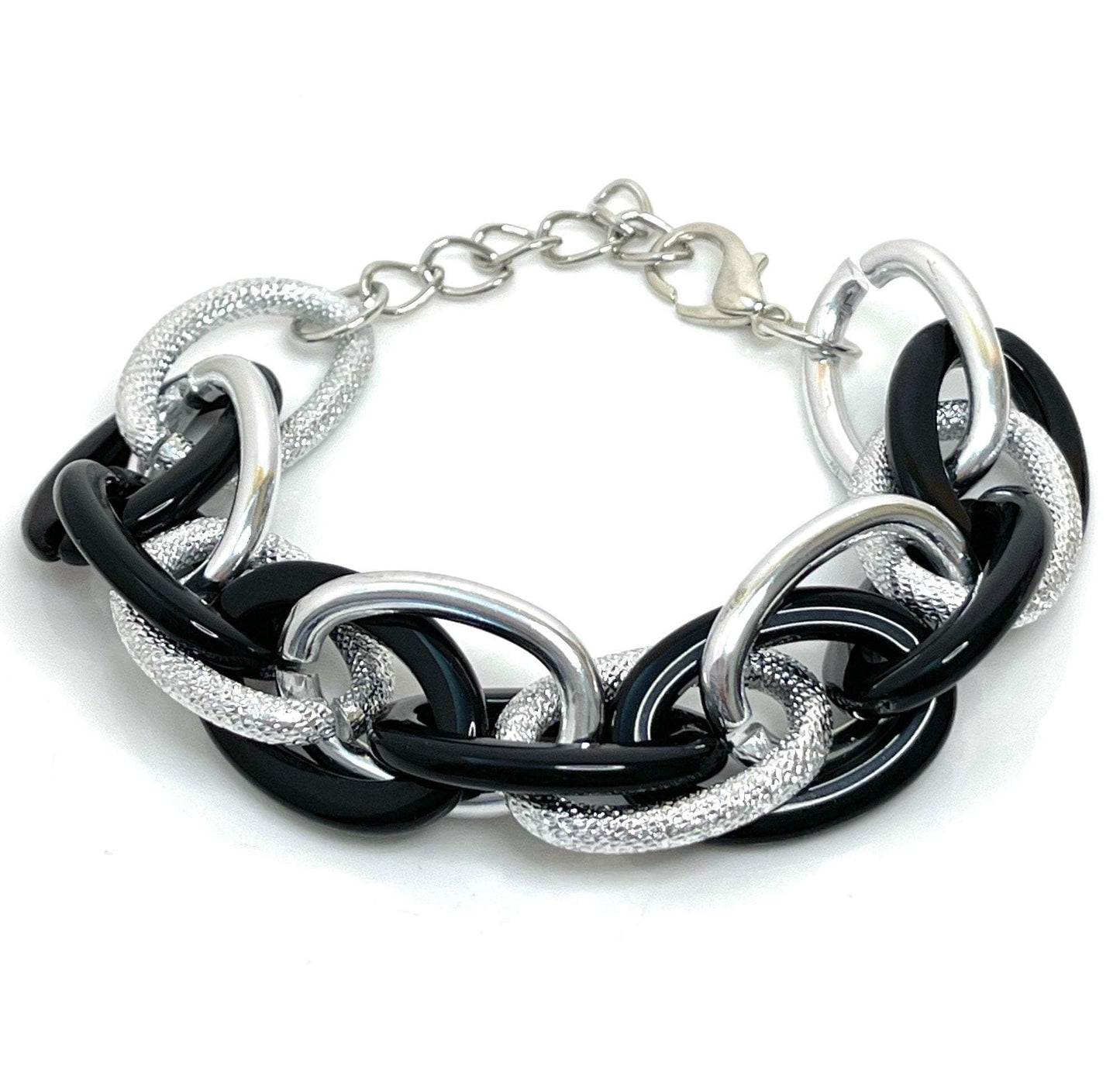 Black Silver Chain Bracelet, Chunky Statement Bracelet, Textured Jewellery, Retro Acrylic Jewellery, Bracelets for Women