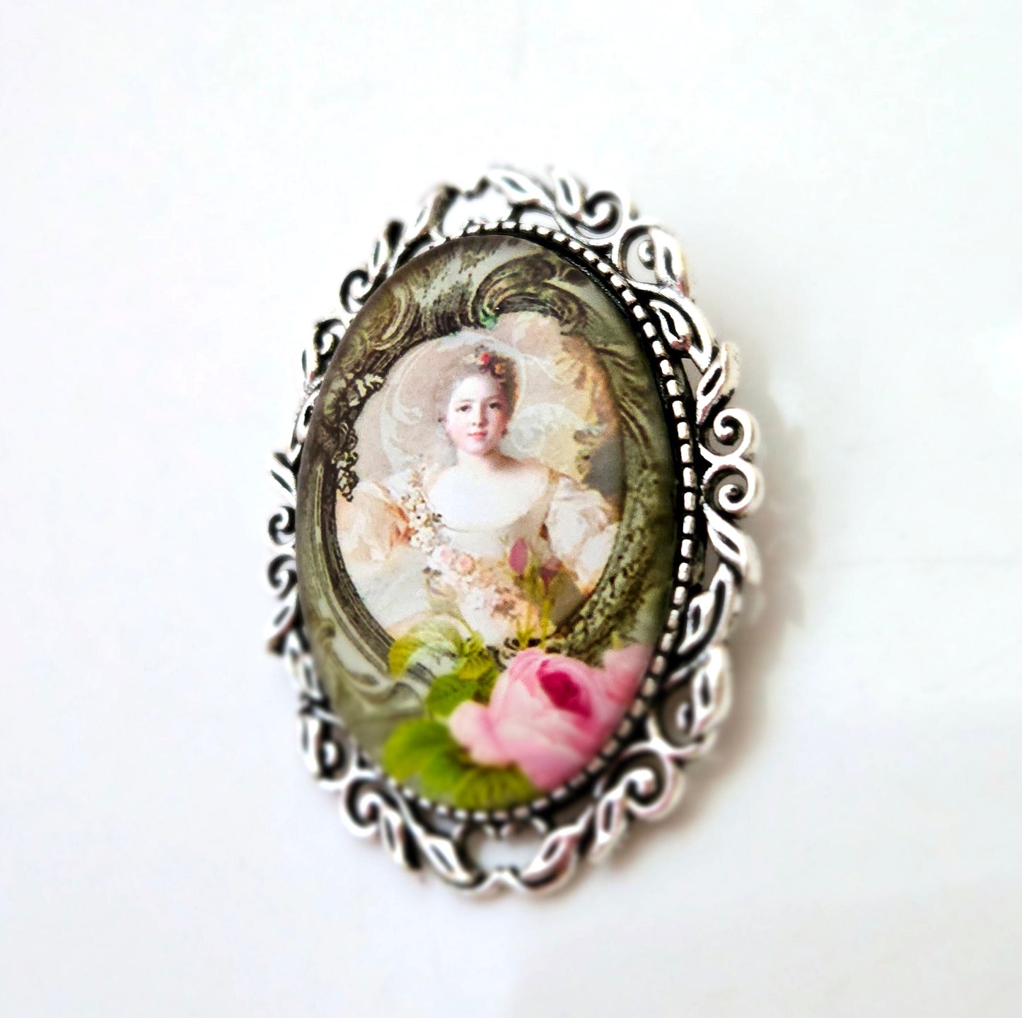 Vintage Style Cameo Brooch | Victorian Lady Portrait Brooch | Silver Plated | Lady with Flowers Pin