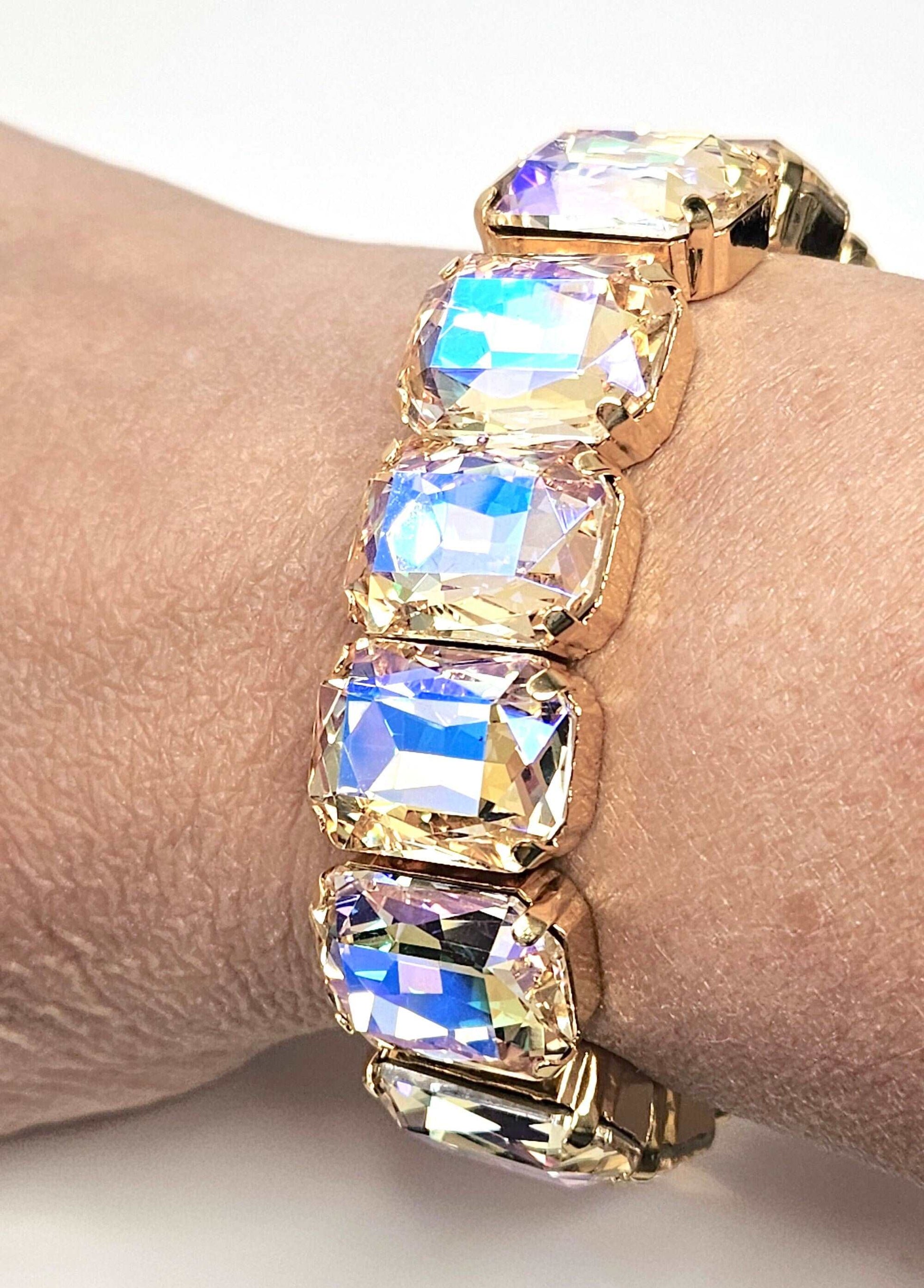 Large Clear AB Crystal Bracelet, Paradise Shine Stretch Bracelet, Wedding Jewelry, Rectangle Statement Bracelet, Bracelets For Women