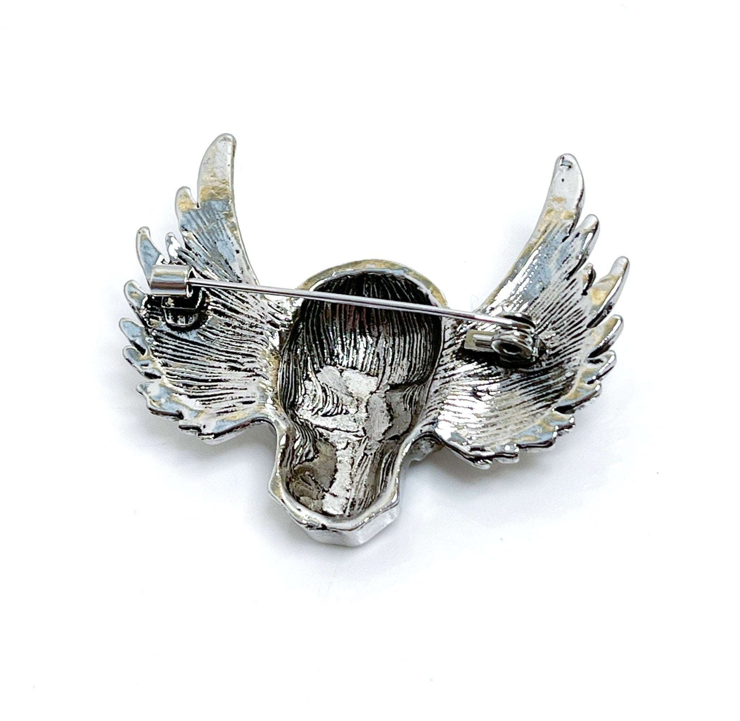 Antique Silver Winged Skull Brooch, Gothic Brooch, Unisex Jewellery, Bikers Pin, Rockers Pin, Winged Skull Pin