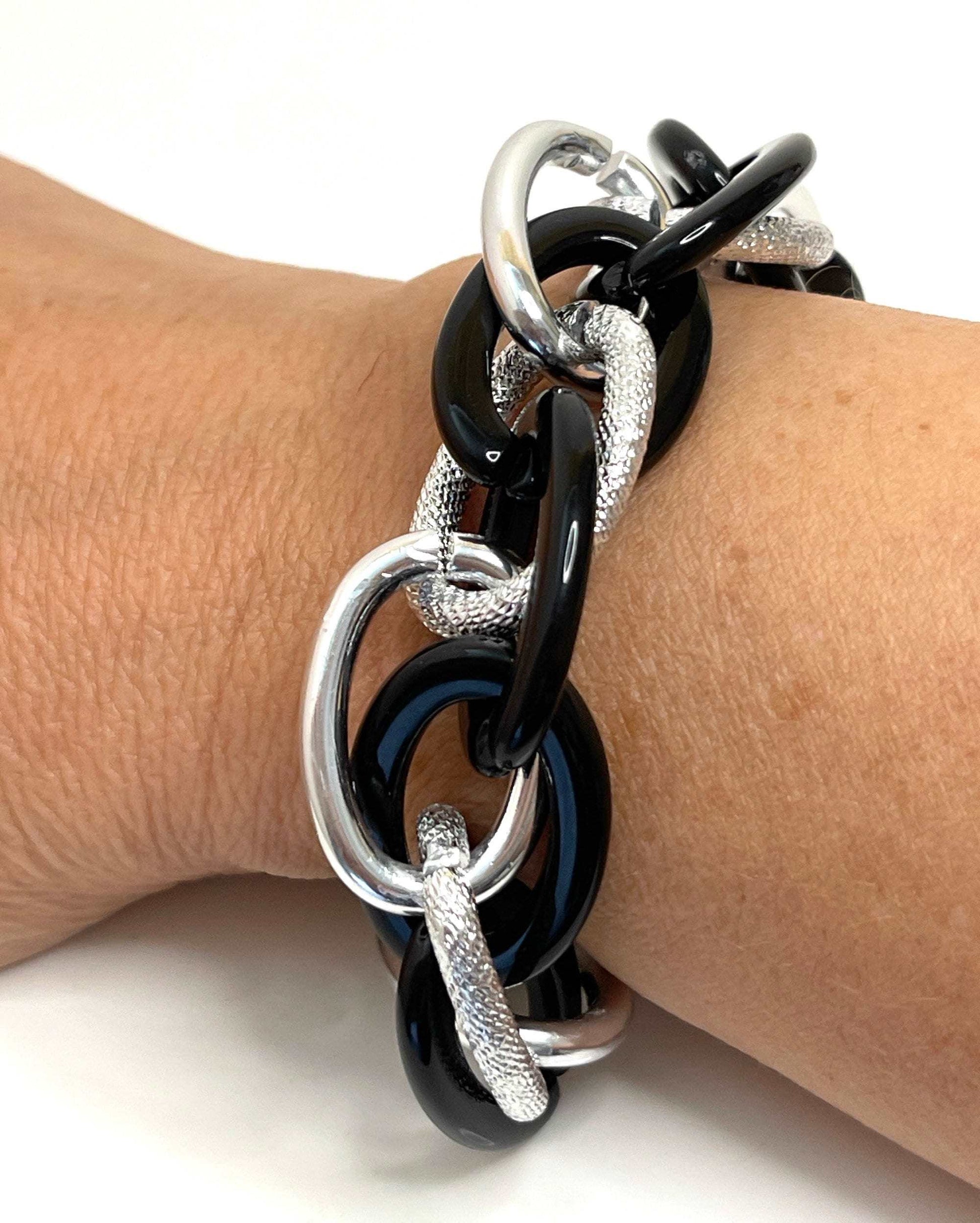 Black Silver Chain Bracelet, Chunky Statement Bracelet, Textured Jewellery, Retro Acrylic Jewellery, Bracelets for Women