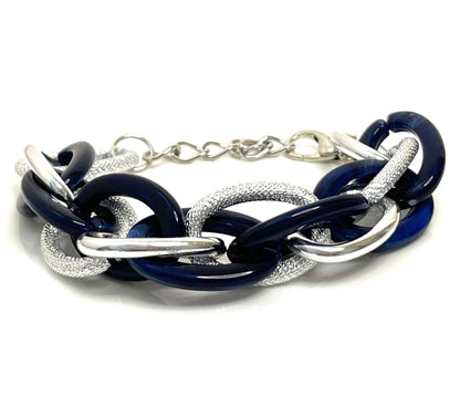 Dark Blue Silver Chain Bracelet, Chunky Statement Bracelet, Textured Jewellery, Retro Acrylic Jewellery, Bracelets for Women