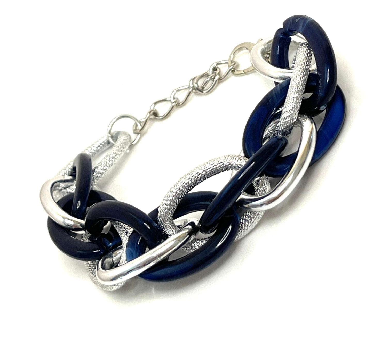 Dark Blue Silver Chain Bracelet, Chunky Statement Bracelet, Textured Jewellery, Retro Acrylic Jewellery, Bracelets for Women