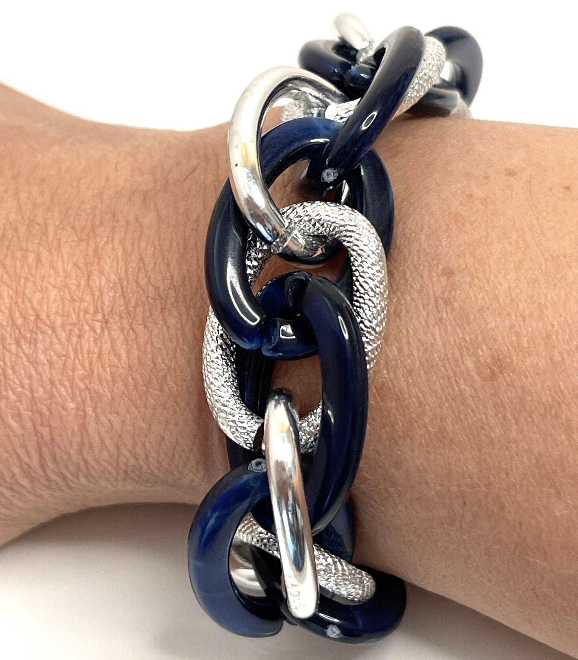 Dark Blue Silver Chain Bracelet, Chunky Statement Bracelet, Textured Jewellery, Retro Acrylic Jewellery, Bracelets for Women