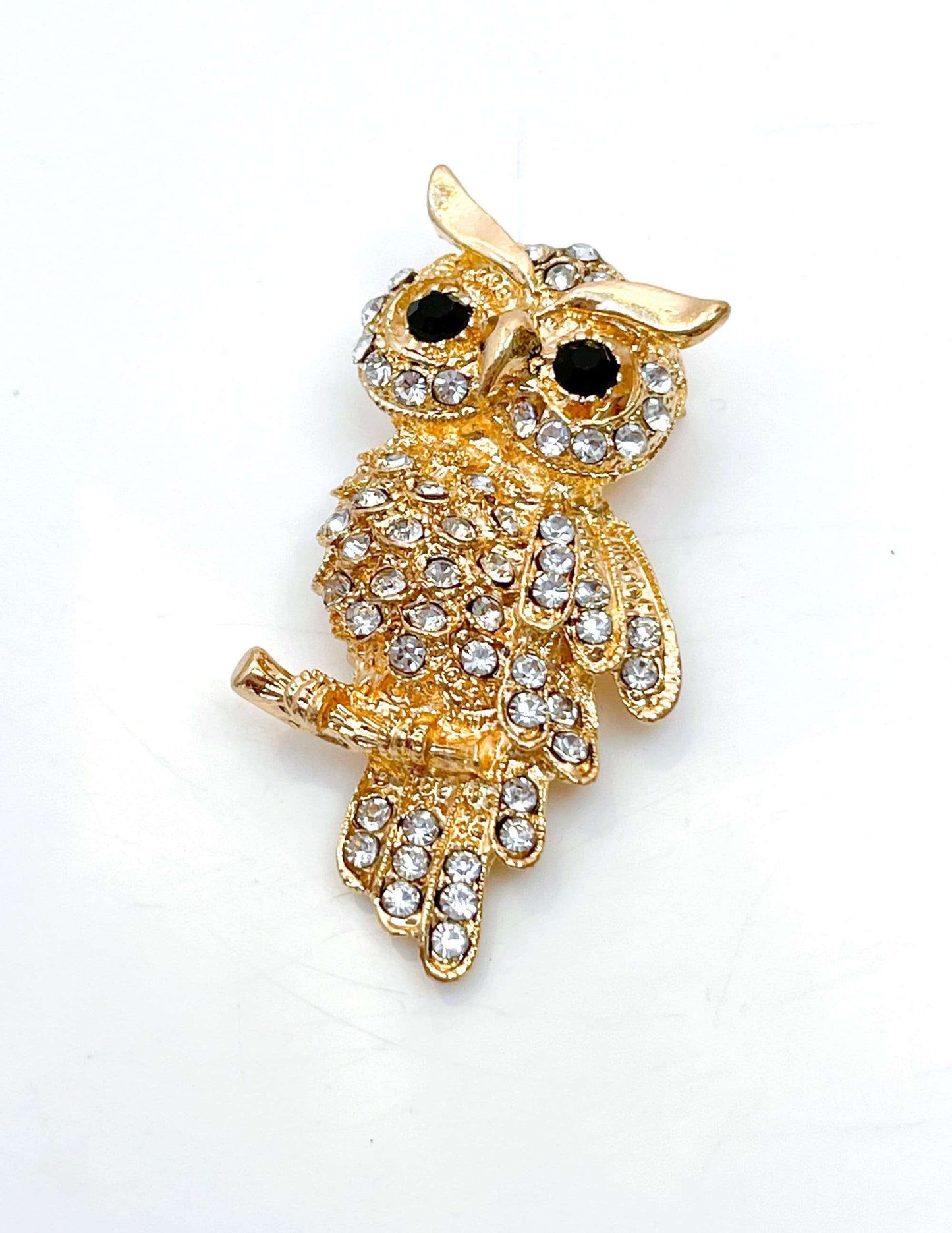 Gold Plated Vintage Style Owl Brooch, Rhinestone Crystal Pin, Wise Owl Sparkly Jacket Pin, Brooches For Women