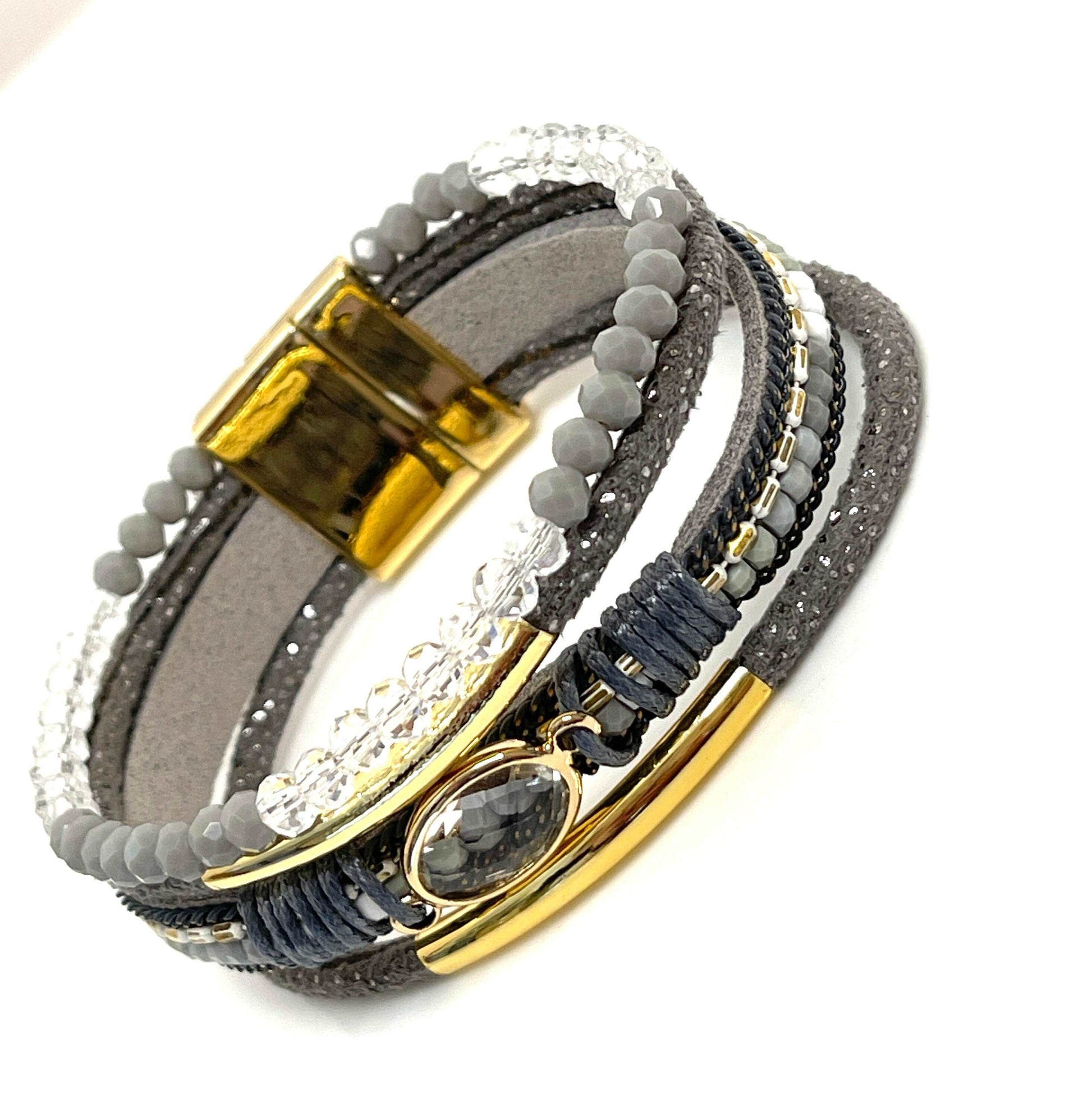 Grey Gold Wide Multi Strand Bracelet, Chunky Statement Bracelet, Mixed Material Bracelet, Boho Beaded Bracelets for Women