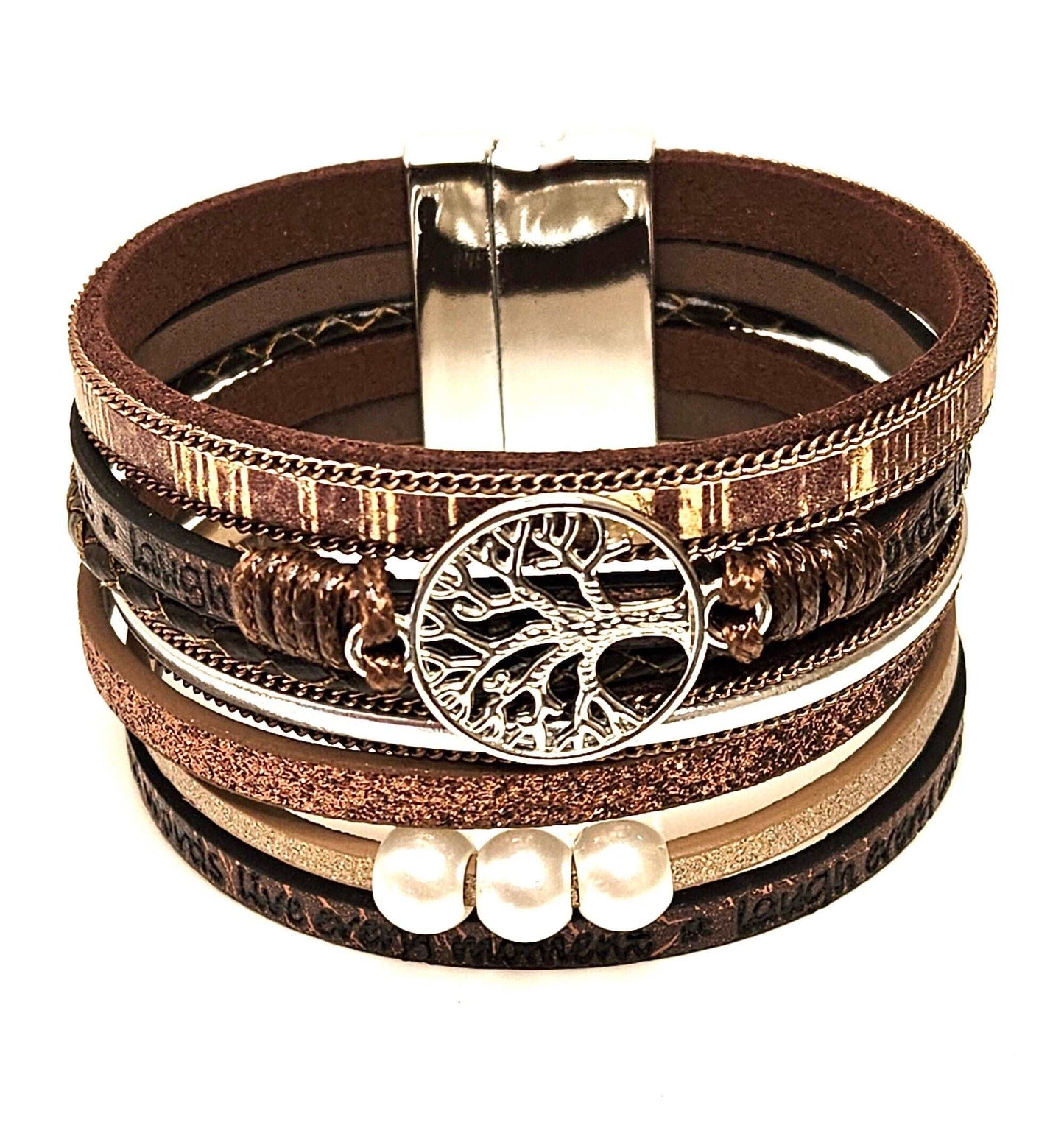 Copper Brown Wide Multi Strand Bracelet, Tree of Life Chunky Statement Bracelet, Mixed Material Bracelet, Boho Beaded Bracelets for Women