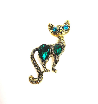 Gold Vintage Cat Brooch, Gift for Cat Lovers, Rhinestone Cat, Green Crystal Cat Pin, Brooches For Women