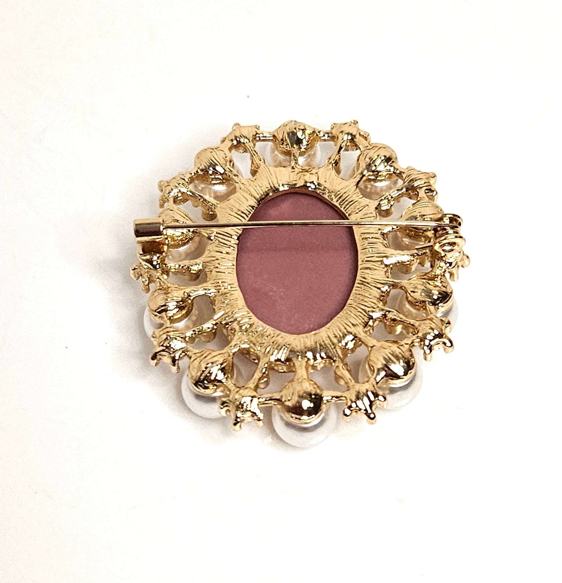 Gorgeous Pink Gold Cameo Brooch, Victorian Pearl Lady Brooch, Crystal Jewelry, Stylish Cameo Pin, Brooches For Women