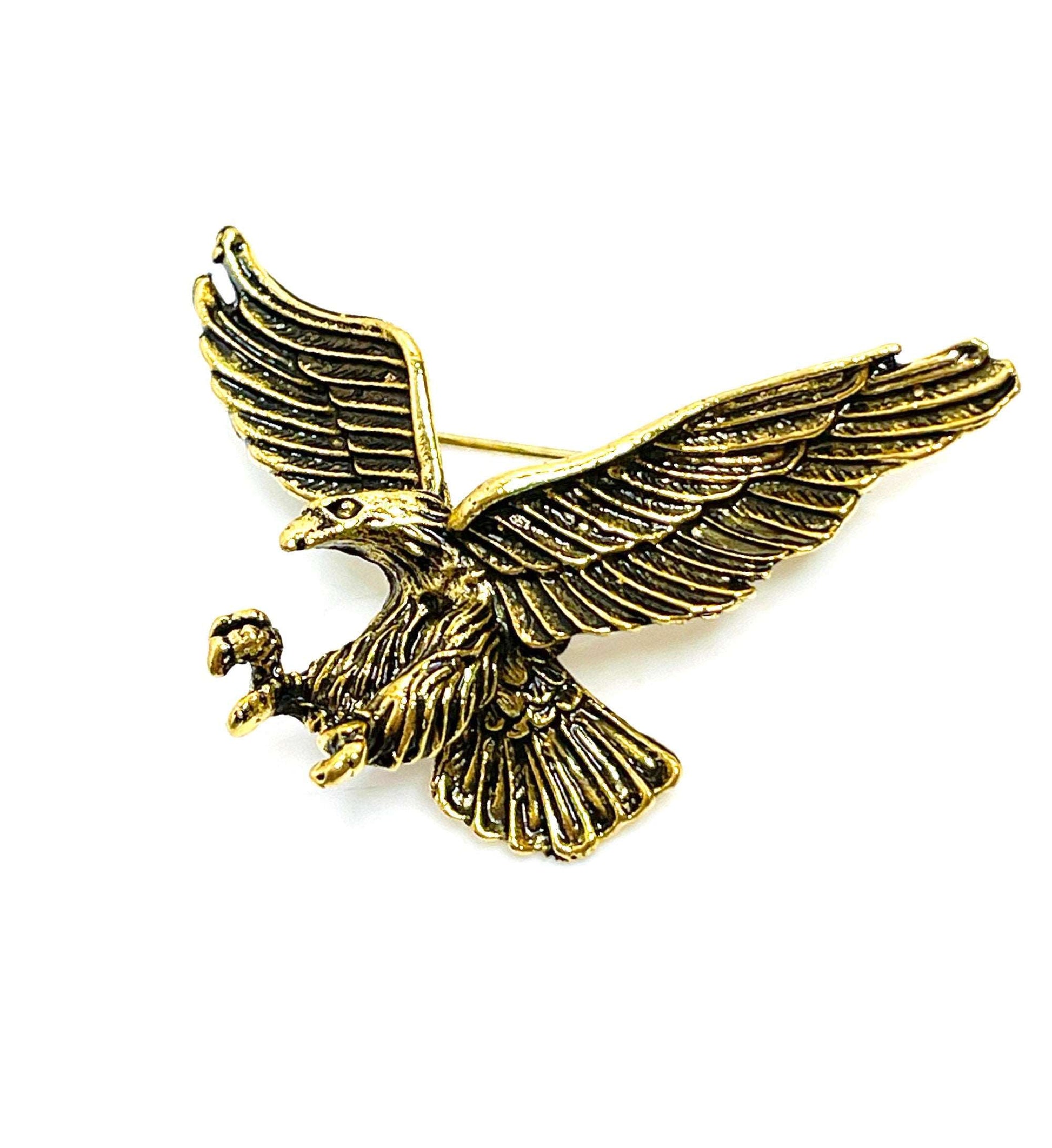 Antique Gold Swooping Eagle Brooch, Gothic Brooch, Unisex Jewellery, Vintage Style Bikers Pin, Rockers Pin, Flying Eagle Pin