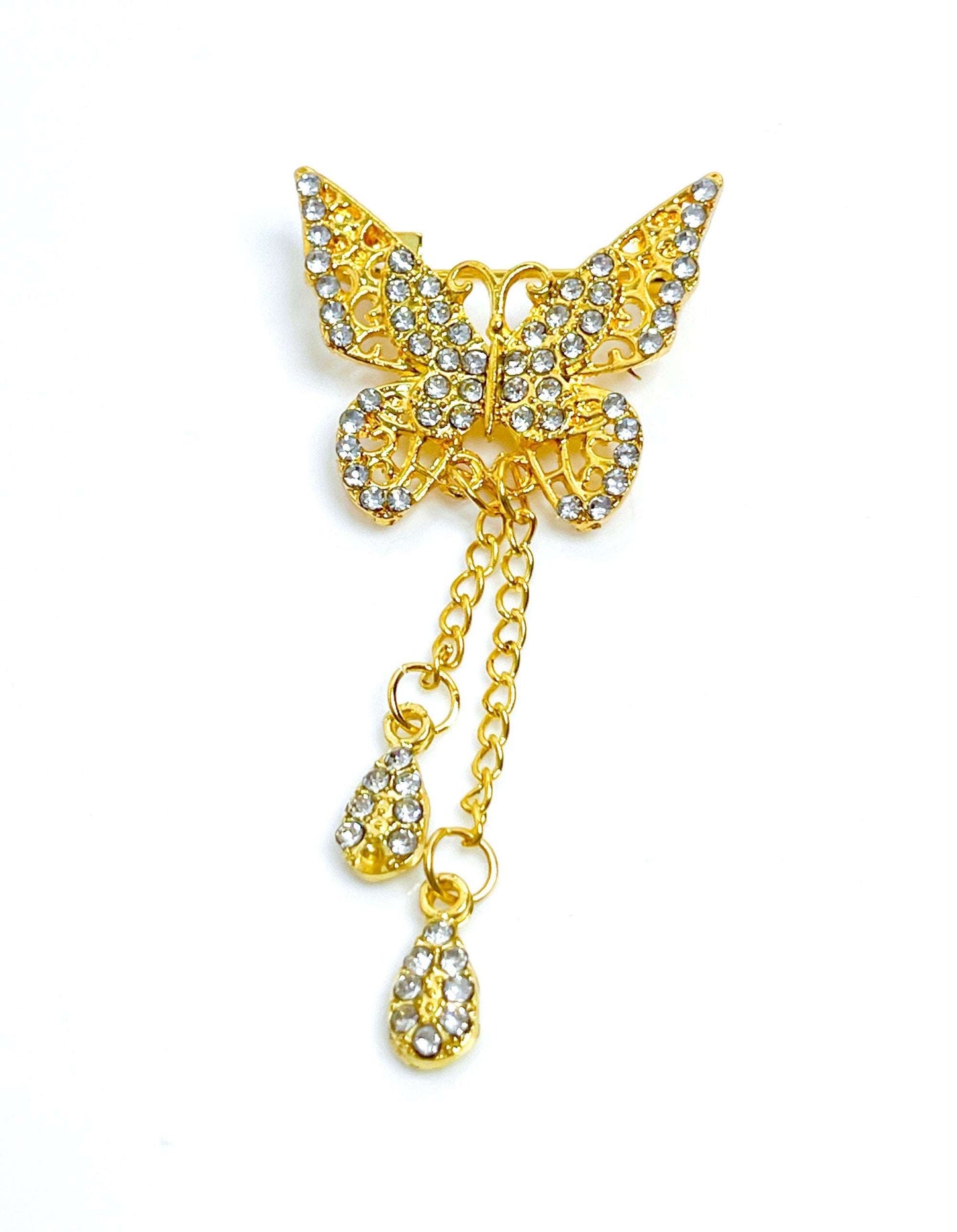 Gold Butterfly Tassel Brooch, Butterfly with Tassels, Crystal Gold Jacket Pin, Butterfly Lovers Pin, Brooches For Women