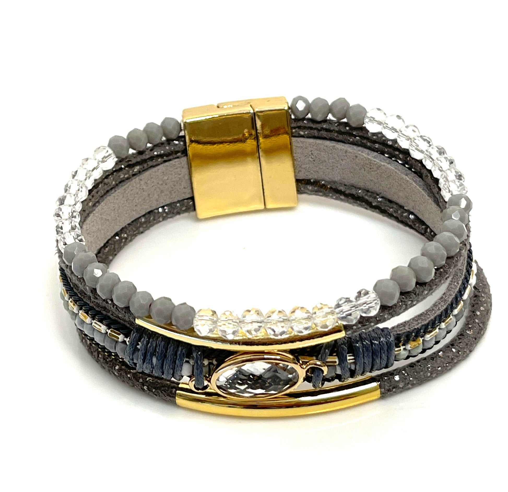 Grey Gold Wide Multi Strand Bracelet, Chunky Statement Bracelet, Mixed Material Bracelet, Boho Beaded Bracelets for Women