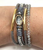 Grey Gold Wide Multi Strand Bracelet, Chunky Statement Bracelet, Mixed Material Bracelet, Boho Beaded Bracelets for Women