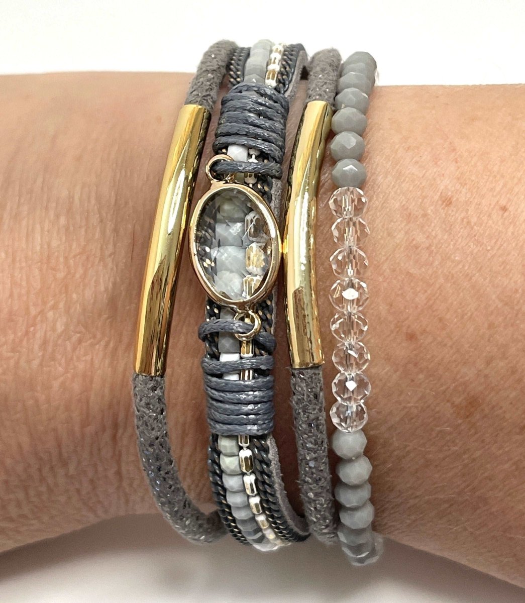 Grey Gold Wide Multi Strand Bracelet, Chunky Statement Bracelet, Mixed Material Bracelet, Boho Beaded Bracelets for Women