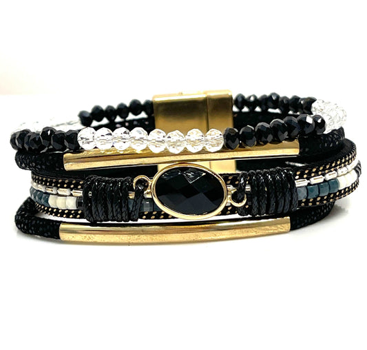 Black Gold Wide Multi Strand Bracelet, Chunky Statement Bracelet, Mixed Material Bracelet, Boho Beaded Bracelets for Women