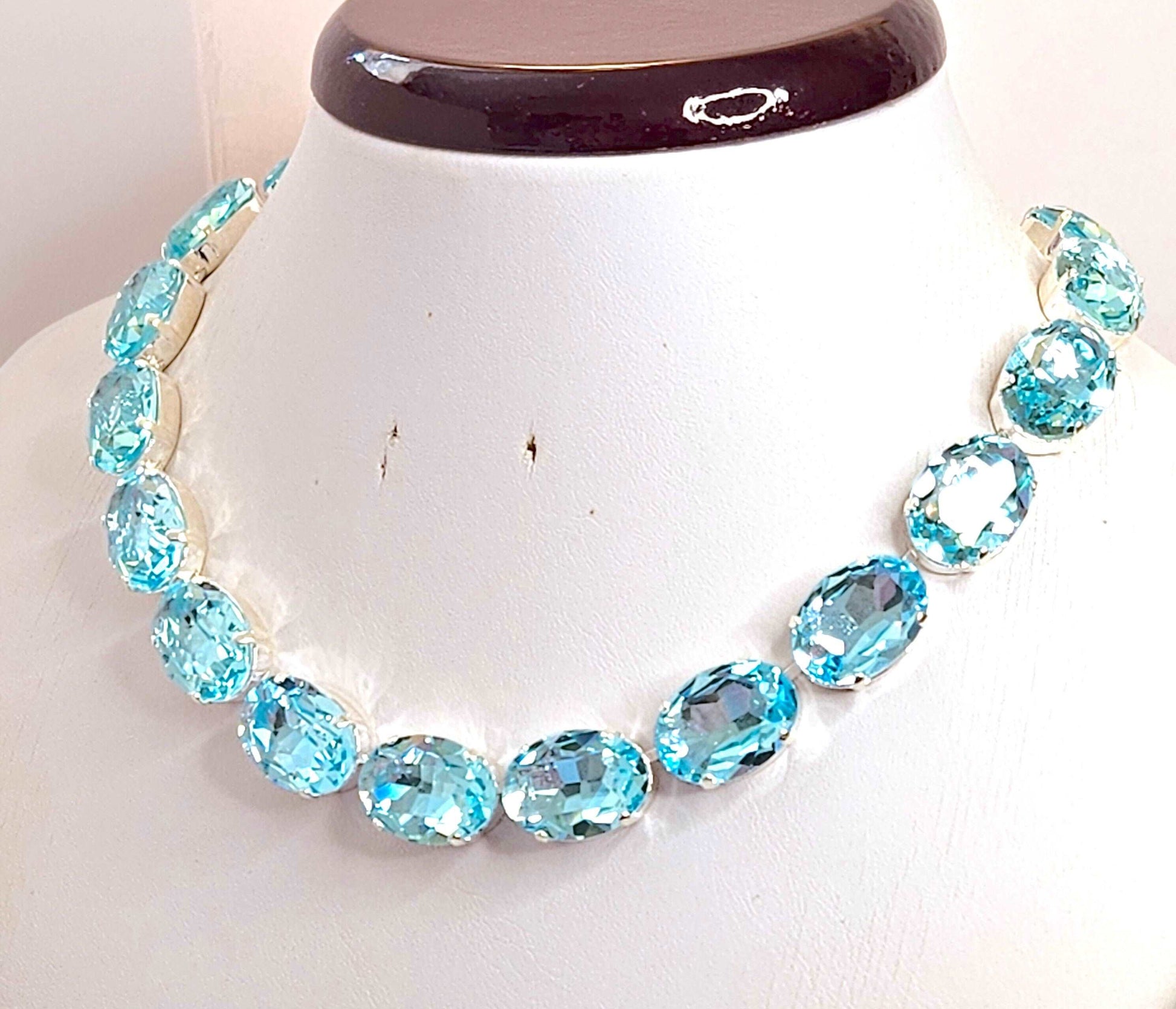 Aquamarine Sapphire Georgian Collet Necklaces, Crystal Chokers, Anna Wintour Style, Blue Riviere Necklace, Statement Necklace for Women