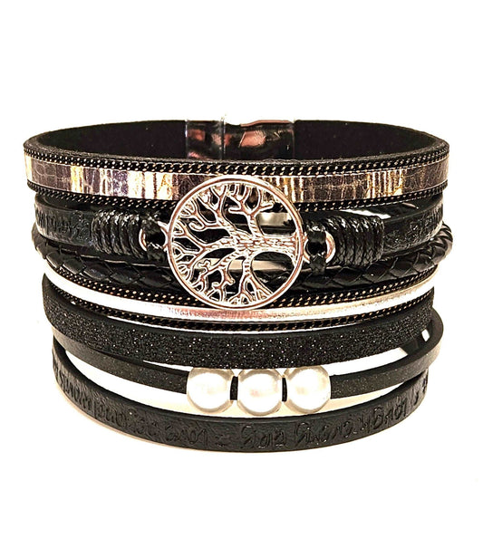 Black Wide Multi Strand Bracelet, Tree of Life Chunky Statement Bracelet, Mixed Material Bracelet, Boho Beaded Bracelets for Women