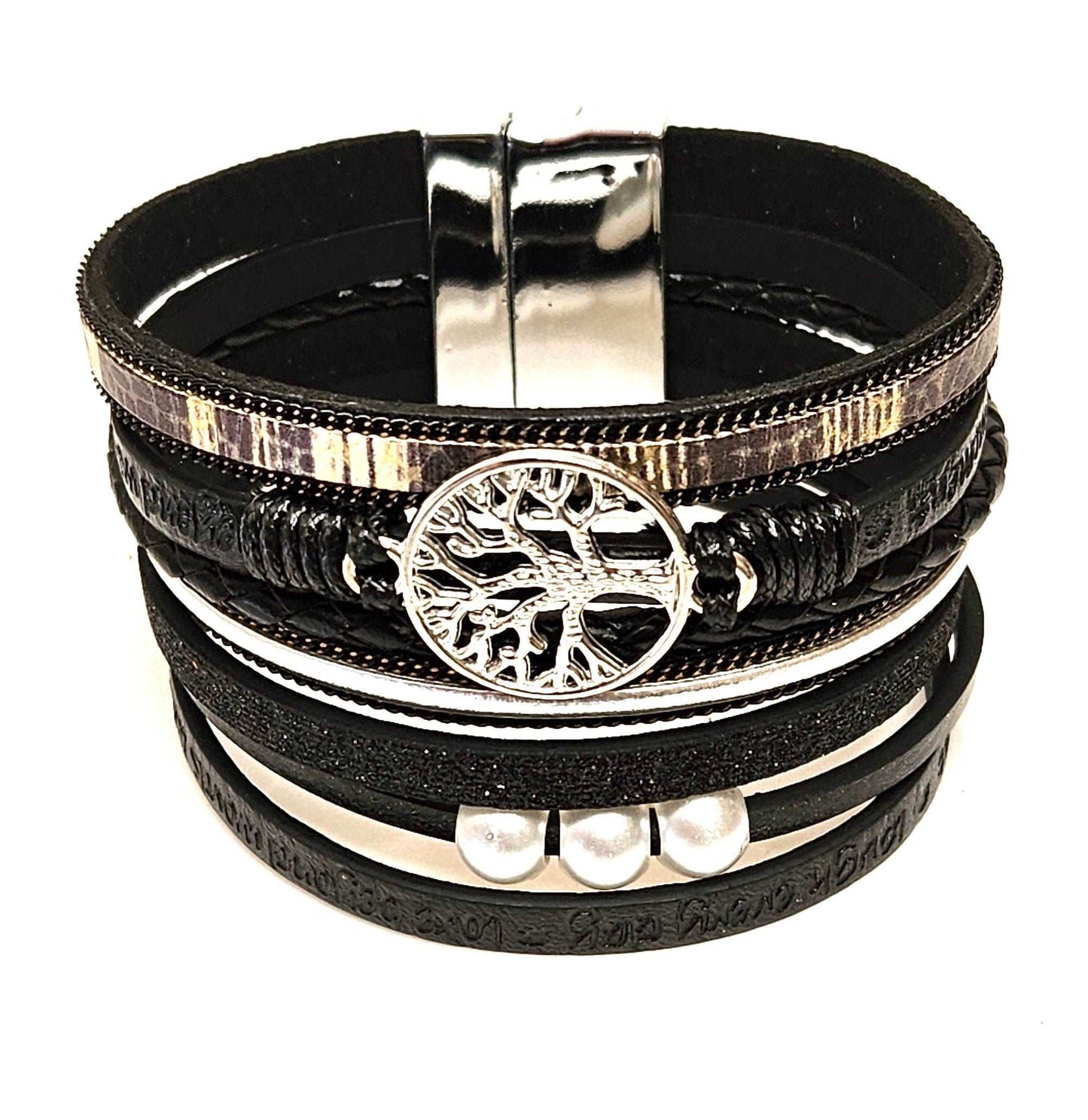 Black Wide Multi Strand Bracelet, Tree of Life Chunky Statement Bracelet, Mixed Material Bracelet, Boho Beaded Bracelets for Women