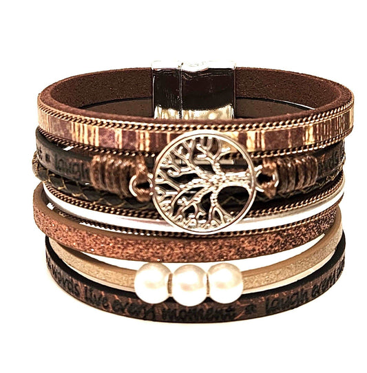 Copper Brown Wide Multi Strand Bracelet, Tree of Life Chunky Statement Bracelet, Mixed Material Bracelet, Boho Beaded Bracelets for Women