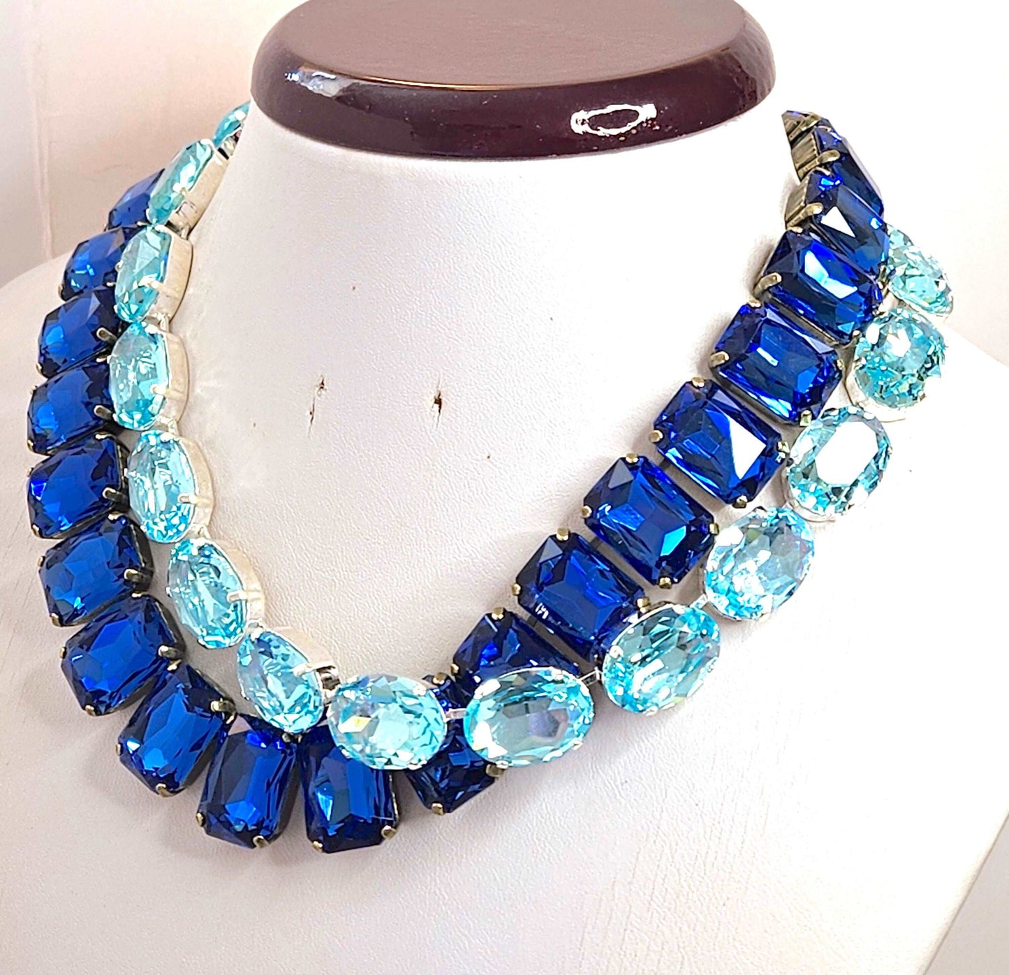 Aquamarine Sapphire Georgian Collet Necklaces, Crystal Chokers, Anna Wintour Style, Blue Riviere Necklace, Statement Necklace for Women