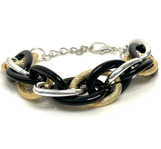 Black Silver and Gold Chunky Chain Bracelet, Statement Bracelet, Textured Jewellery, Retro Acrylic Jewellery, Bracelets for Women