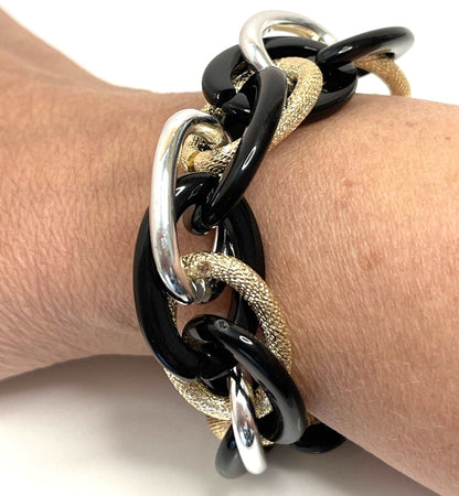 Black Silver and Gold Chunky Chain Bracelet, Statement Bracelet, Textured Jewellery, Retro Acrylic Jewellery, Bracelets for Women