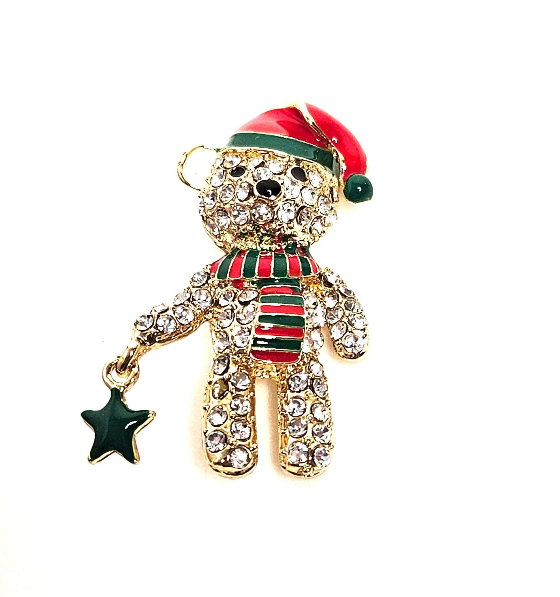 Crystal Teddy Bear Brooch, Christmas Brooch, Seasonal Pin, Cute Bear in Hat and Scarf Brooch, Festive Jacket Scarf Pin, Brooches For Women