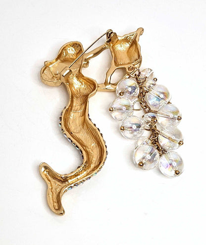 Large Beautiful Gold Mermaid Brooch, Gift for Fantasy Lovers, Mermaid with a Conch Pin, Crystal Jewelry, Brooches For Women