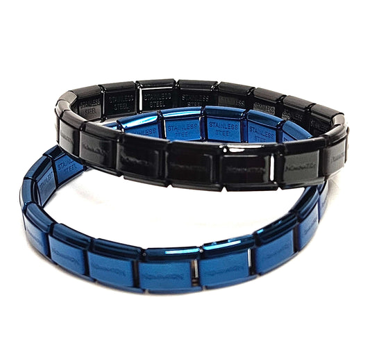Mens Black Metallic Blue Stretch Bracelets, Stainless Steel Tile Bracelets for Men, Male Jewellery, Fashion Gift for Him