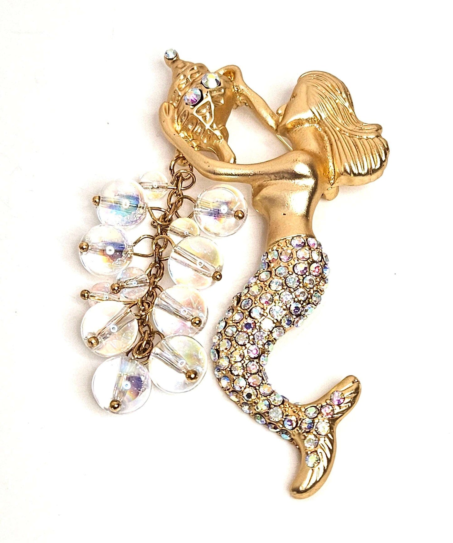 Large Beautiful Gold Mermaid Brooch, Gift for Fantasy Lovers, Mermaid with a Conch Pin, Crystal Jewelry, Brooches For Women