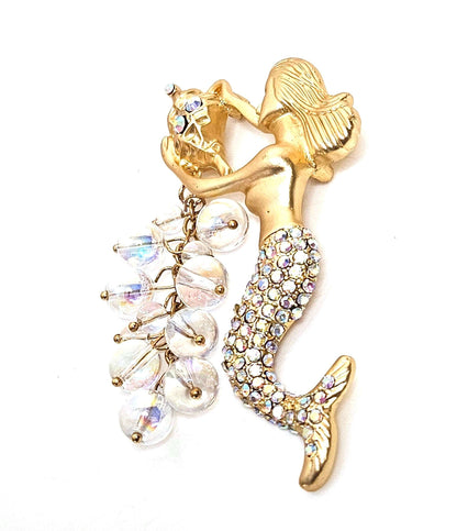 Large Beautiful Gold Mermaid Brooch, Gift for Fantasy Lovers, Mermaid with a Conch Pin, Crystal Jewelry, Brooches For Women