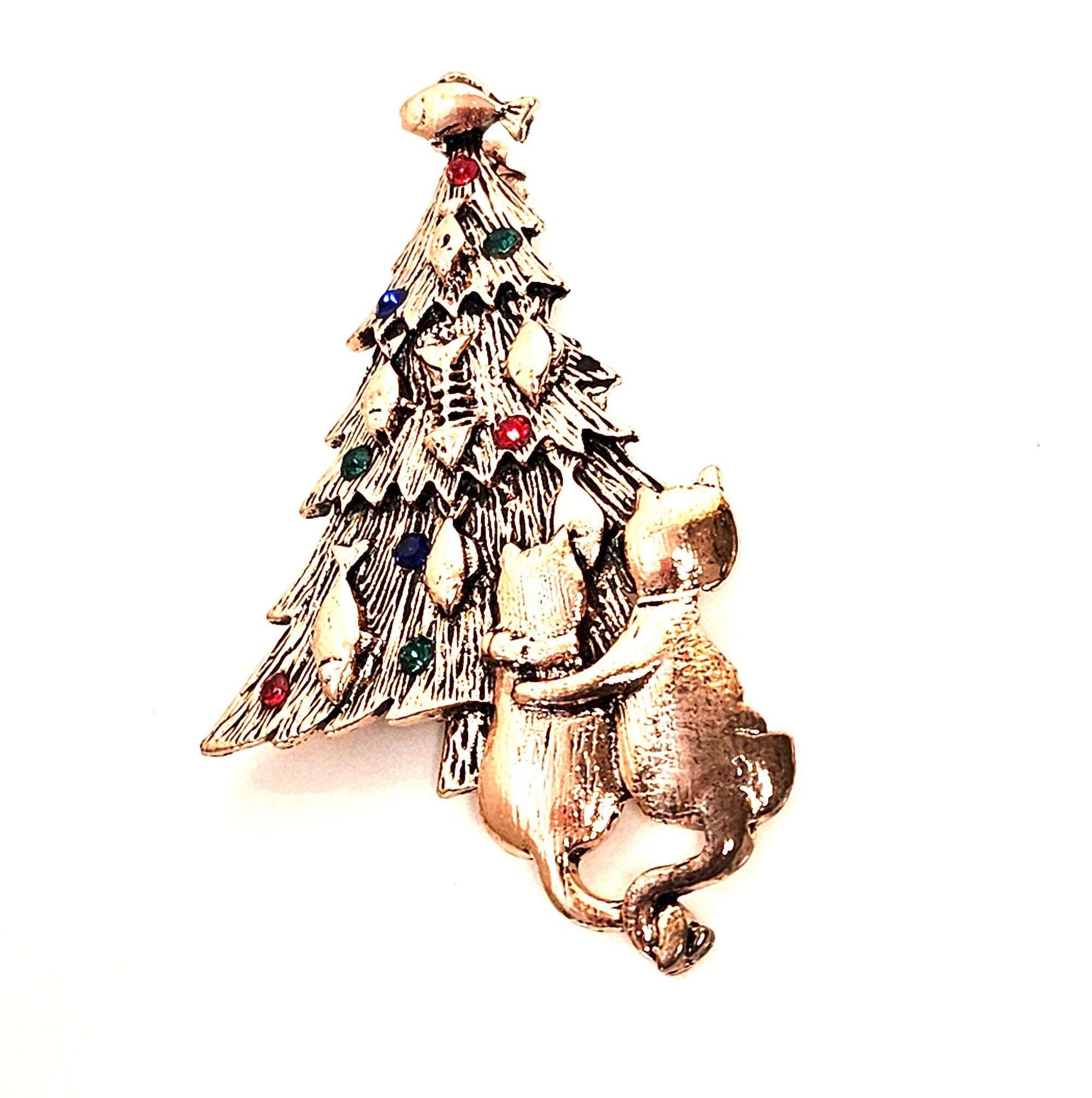 Gold Christmas Tree with Cats Brooch, Crystal Seasonal Pin, Christmas Brooch, Festive Jacket Scarf Pin, Brooches For Women