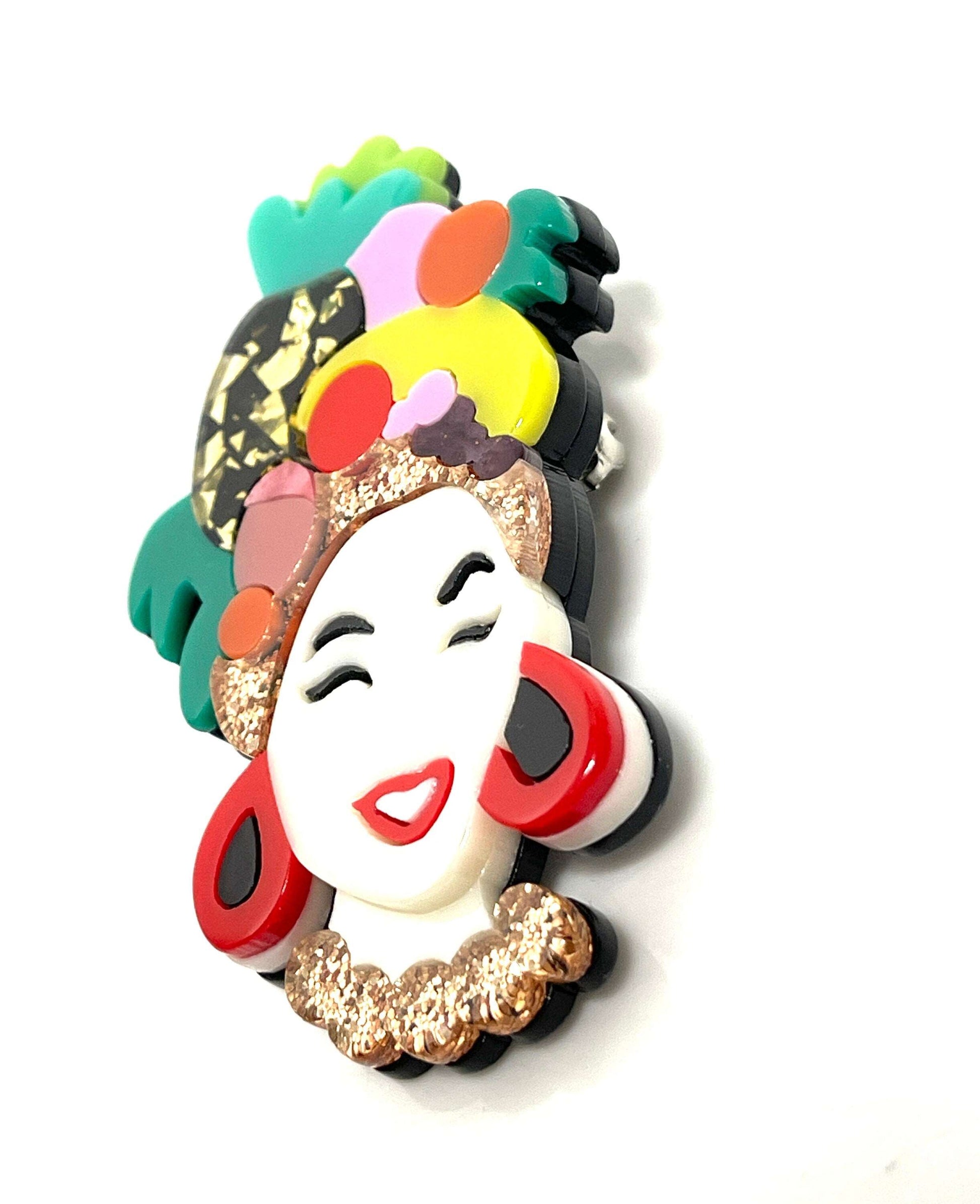Lady with Tutti Fruiti HeadDress Brooch, Carribean Film Star Style, Fashion Pin for Jacket Scarf, Large Brooch, Brooches For Women