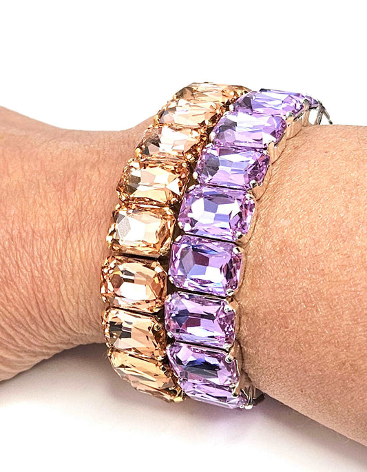 Rose Peach and Violet Crystal Bracelets, Stretch Bracelets, Wedding Jewelry, Rectangle Statement Bracelet, Bracelets For Women