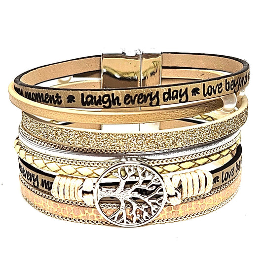 Cream Gold Wide Multi Strand Bracelet, Tree of Life Chunky Statement Bracelet, Mixed Material Bracelet, Boho Beaded Bracelets for Women