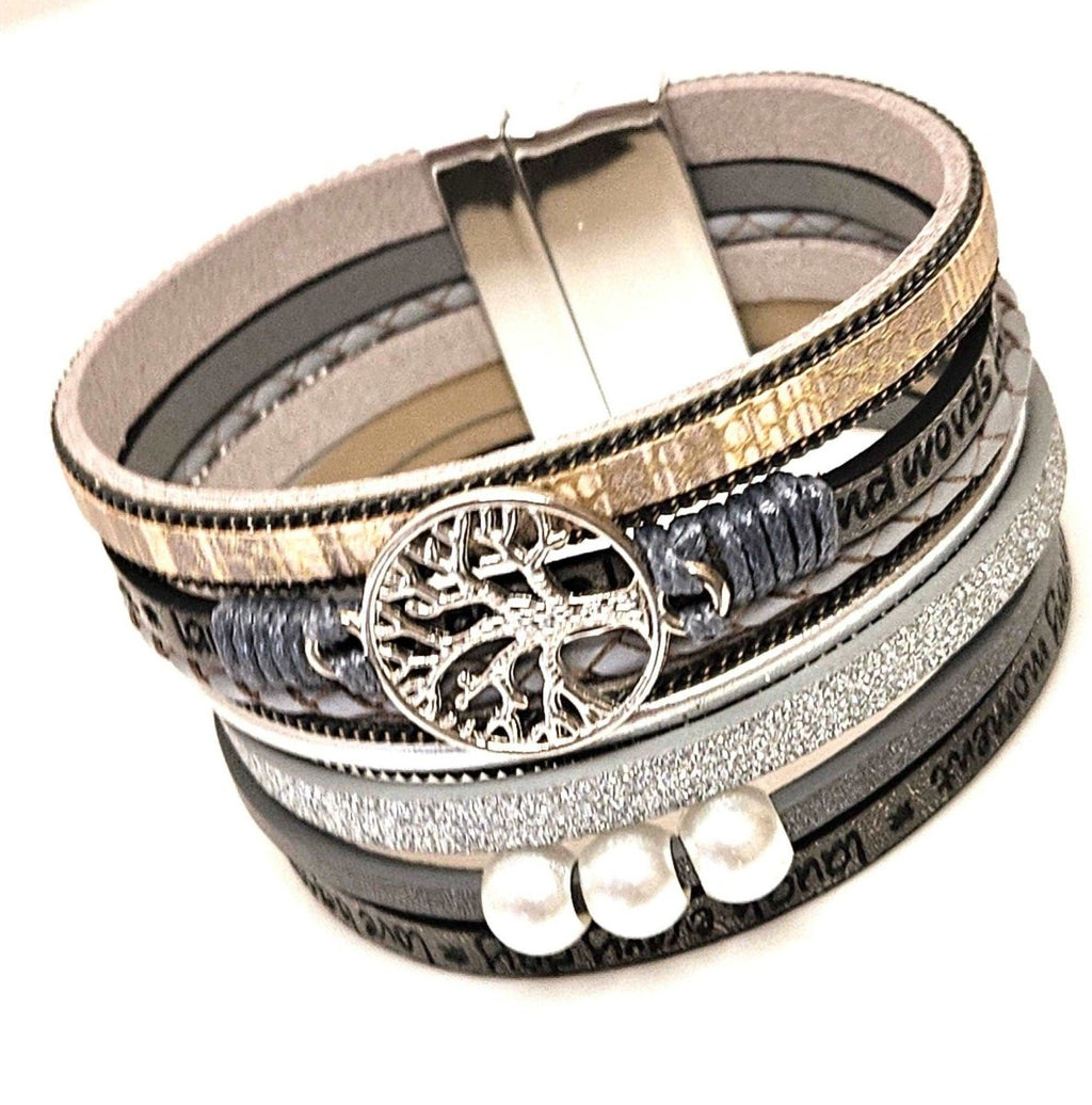 Brown and Cream Wide Multi Strand Bracelet, Tree of Life Chunky Statement Bracelet, Mixed Material Bracelet, Boho Beaded Bracelets for Women