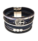 Black Blue Wide Multi Strand Bracelet, Tree of Life Chunky Statement Bracelet, Mixed Material Bracelet, Boho Beaded Bracelets for Women