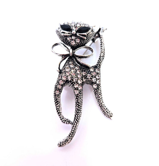 Beautiful Vintage Cat Brooch, Gift for Cat Lovers, Rhinestone Cat, Silver Crystal Cat Pin, Brooches For Women