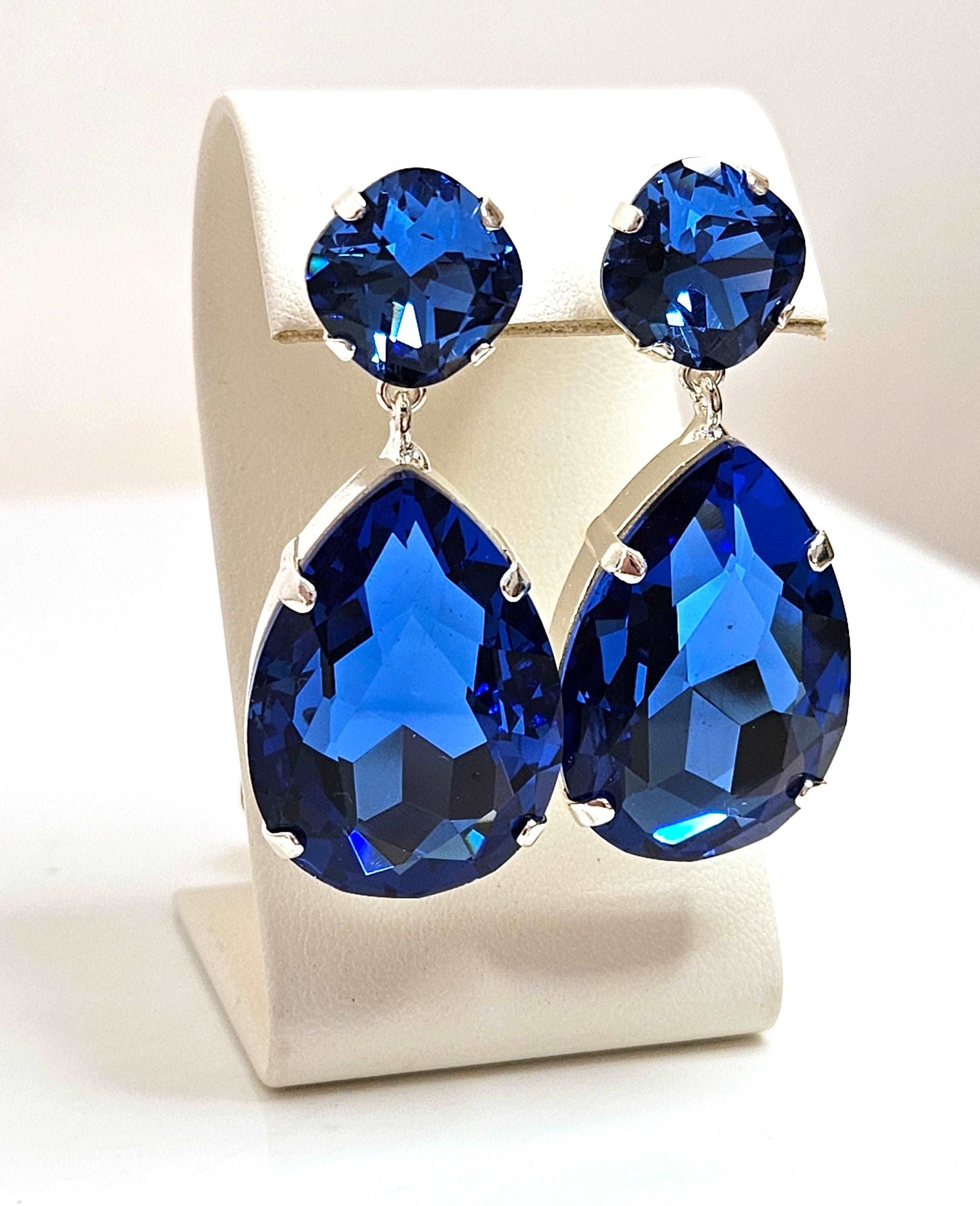 Sapphire Teardrop Crystal Earrings, Vintage Style, Blue Statement Drops, Wedding Earrings, Stylish Dangles, Earrings For Women