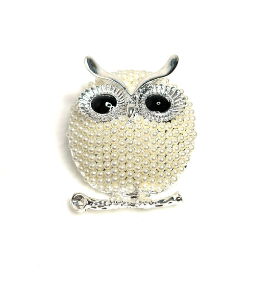 Cute Vintage Style Silver Owl Brooch, Rhinestone Crystal Pin, Owl With Pearls, Sparkly Jacket Pin, Brooches For Women