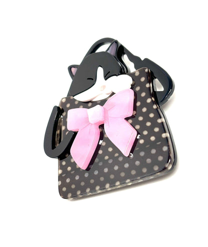 Cute Cat in a Bag Brooch, Gift for Cat Lovers, Black Cat in Poka Dot Bag, Pet Lovers Brooch, Brooches For Women