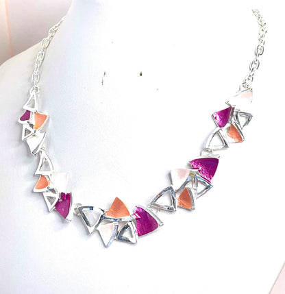 Pink Orange Geometric Silver Necklace, Modern Style Jewellery, Pastel Enamel Jewelry, Rainbow Jewellery,Necklaces for Women