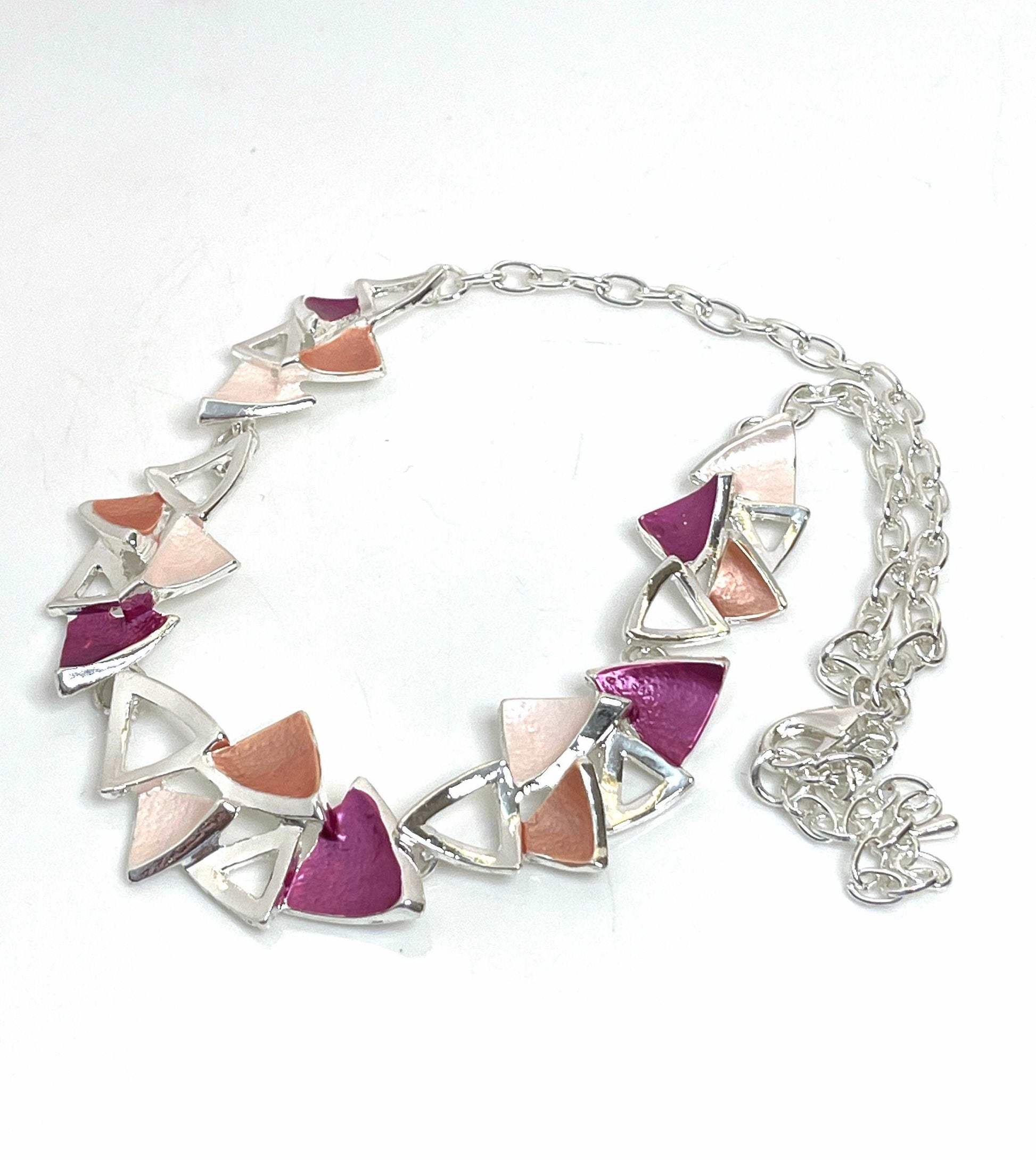 Pink Orange Geometric Silver Necklace, Modern Style Jewellery, Pastel Enamel Jewelry, Rainbow Jewellery,Necklaces for Women