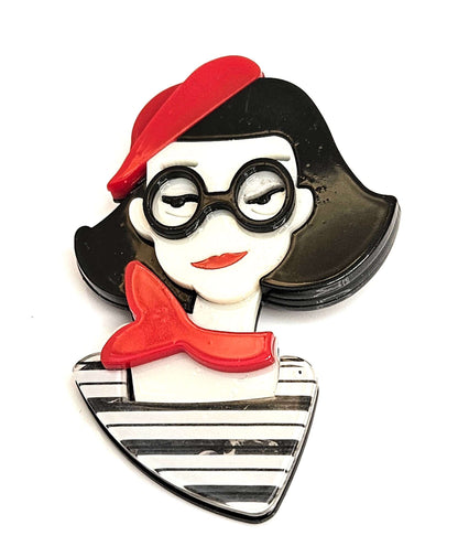 Fun French Style Lady Brooch, Lady in Glasses with a Scarf and Bolero, Fashion Pin for Jacket Scarf, Paris Lady Pin, Brooches For Women