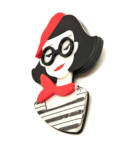 Fun French Style Lady Brooch, Lady in Glasses with a Scarf and Bolero, Fashion Pin for Jacket Scarf, Paris Lady Pin, Brooches For Women