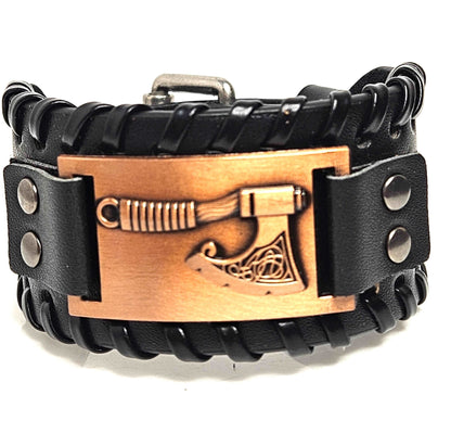 Mens Wide Black Viking Bracelet, PU Leather, Male Jewellery, Mens Axe Jewelry, Fathers Day Gift, Fashion Gift for Him