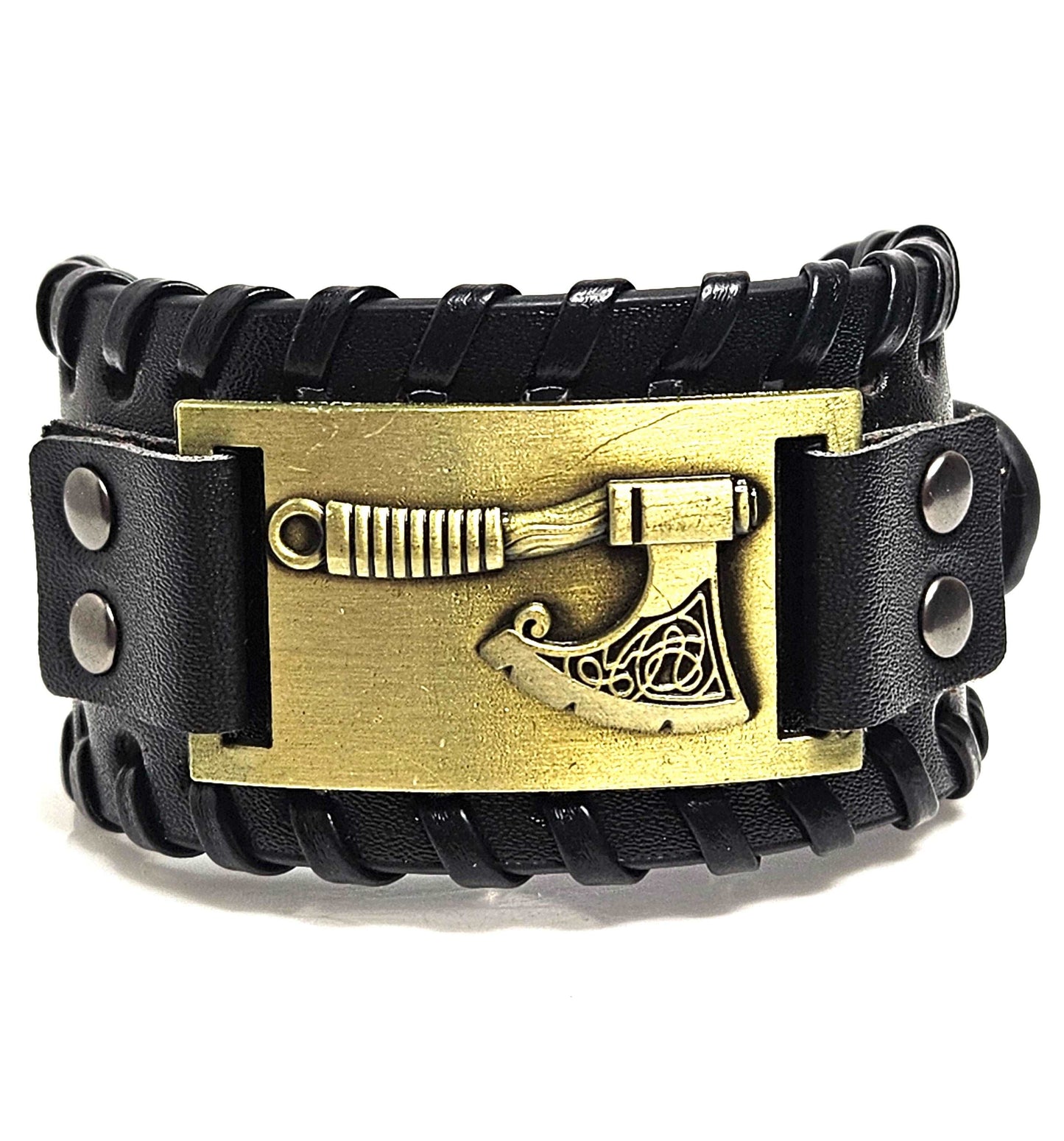 Mens Wide Black Viking Bracelet, PU Leather, Male Jewellery, Mens Axe Jewelry, Fathers Day Gift, Fashion Gift for Him