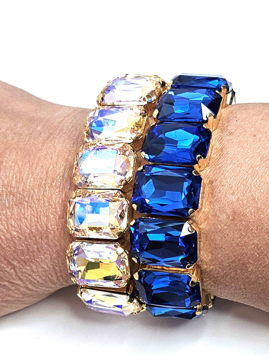 Clear AB and Sapphire Crystal Bracelets, Stretch Bracelets, Wedding Jewelry, Rectangle Statement Bracelet, Bracelets For Women