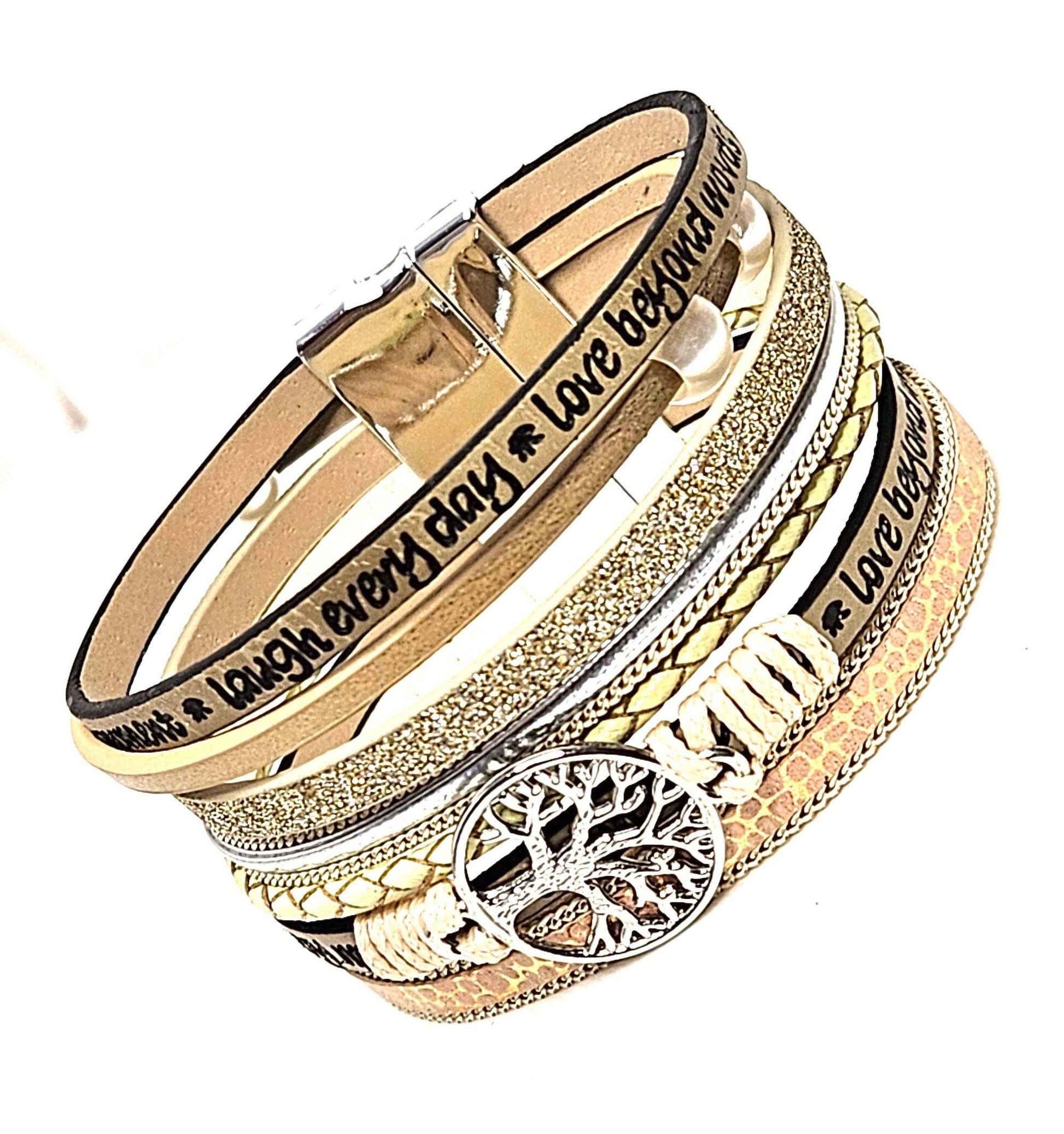 Cream Gold Wide Multi Strand Bracelet, Tree of Life Chunky Statement Bracelet, Mixed Material Bracelet, Boho Beaded Bracelets for Women