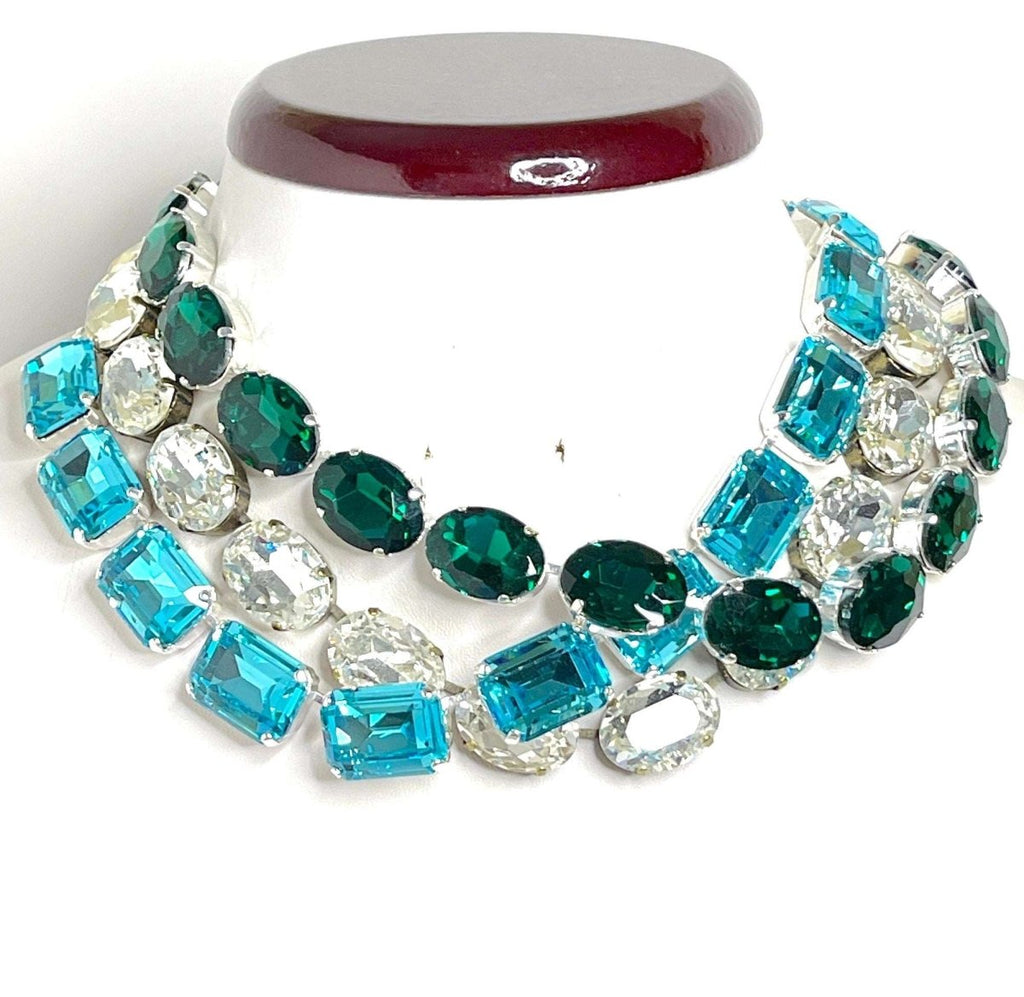 Aquamarine Emerald Crystal Georgian Collet Necklaces | Clear Crystal Chokers